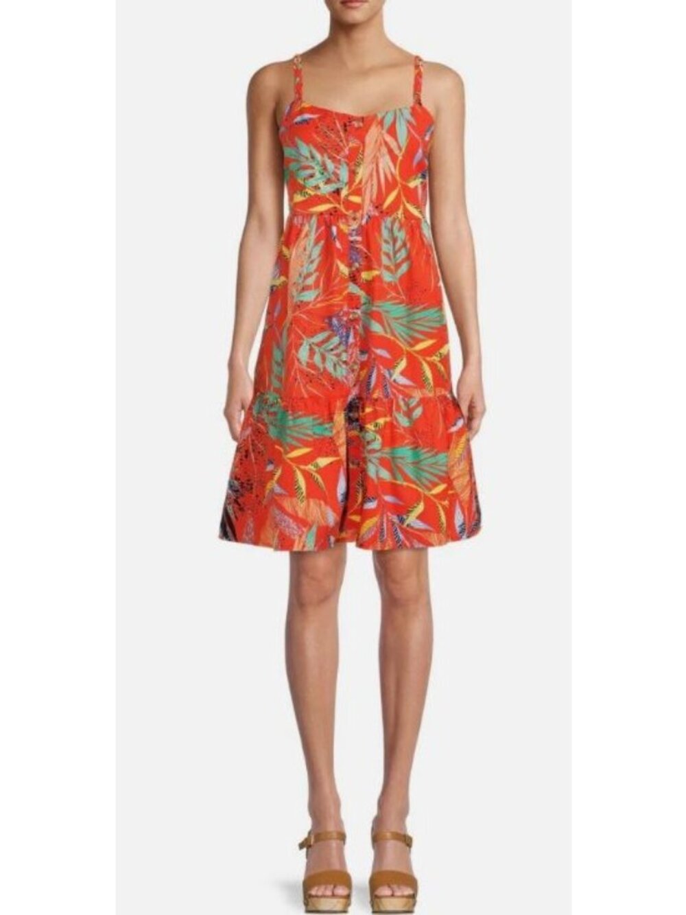 Beach Lunch Lounge XL Linen Blend Braided Strap Button Front Dress Tropical - Picture 9 of 9